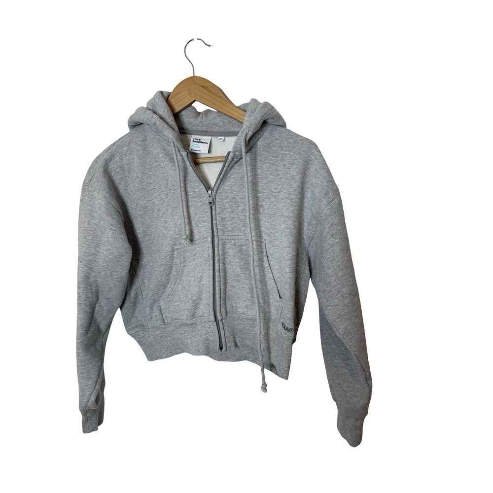 Aritzia TNA Sweatfleece Grey Cozy Fleece Boyfriend Fit Crop Zip Up Hoodie Sz XS
